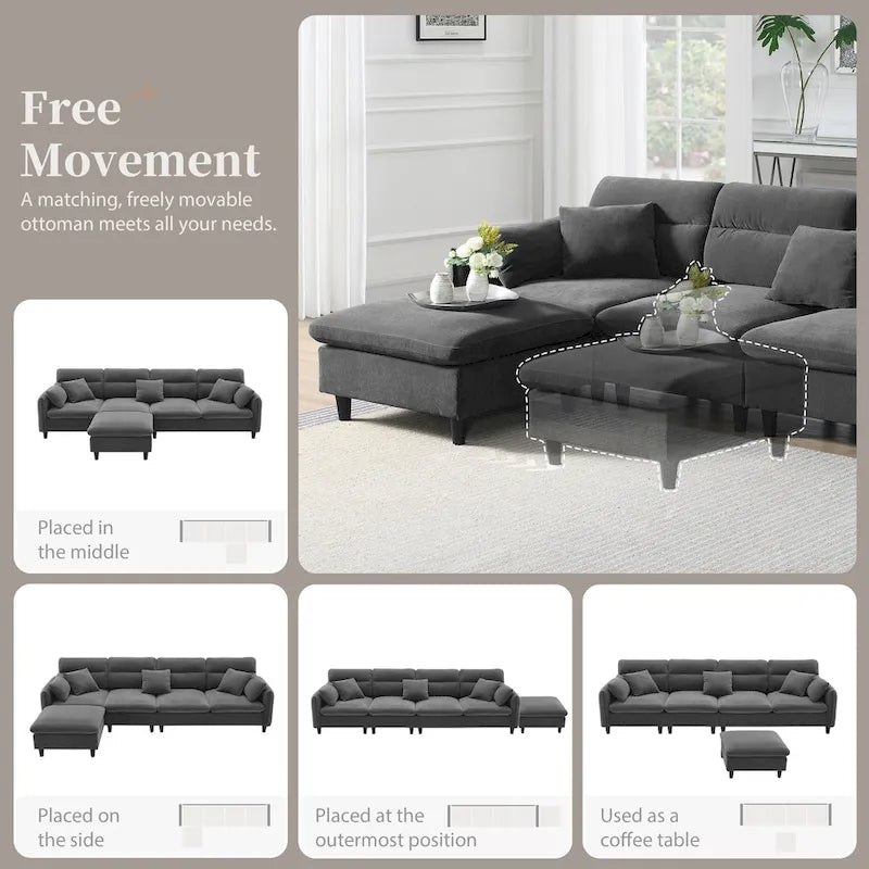 110 Canapé d'angle moderne en L convertible 5 places avec pouf amovible et 5 coussins, tissu chenille doux