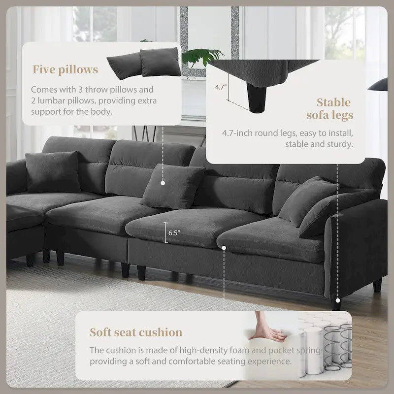 110 Canapé d'angle moderne en L convertible 5 places avec pouf amovible et 5 coussins, tissu chenille doux
