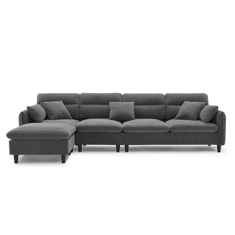 110 Canapé d'angle moderne en L convertible 5 places avec pouf amovible et 5 coussins, tissu chenille doux