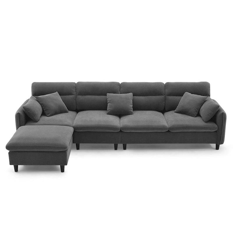 110 Canapé d'angle moderne en L convertible 5 places avec pouf amovible et 5 coussins, tissu chenille doux