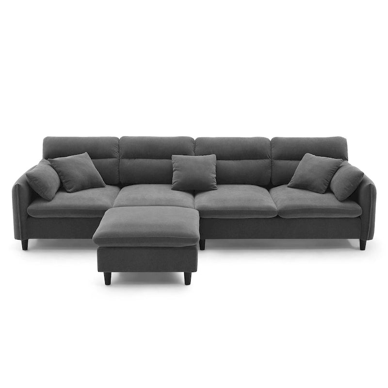 110 Canapé d'angle moderne en L convertible 5 places avec pouf amovible et 5 coussins, tissu chenille doux