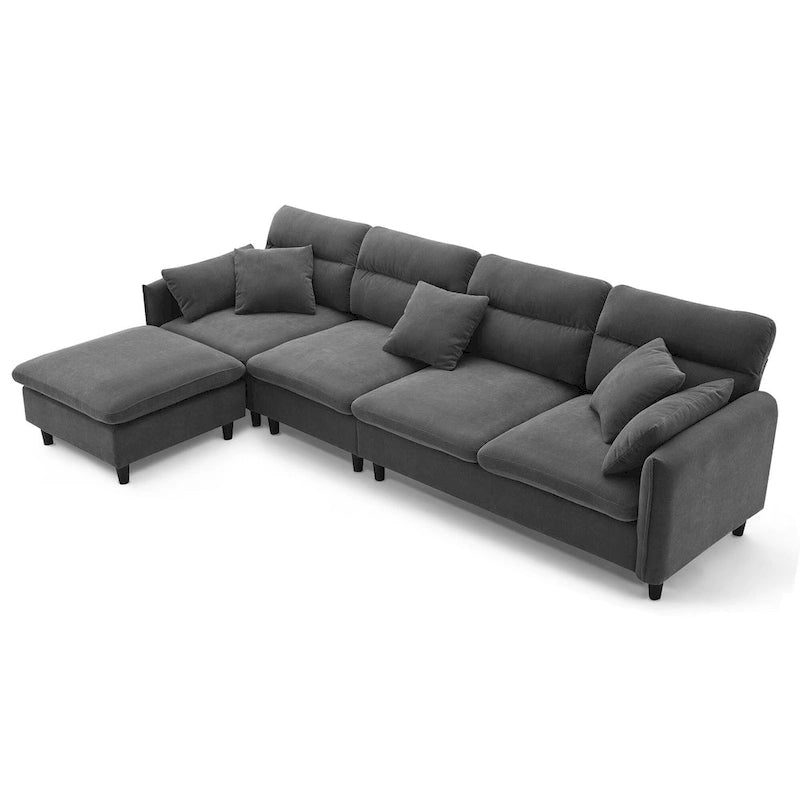 110 Canapé d'angle moderne en L convertible 5 places avec pouf amovible et 5 coussins, tissu chenille doux