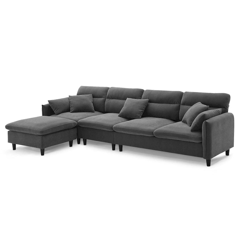 110 Canapé d'angle moderne en L convertible 5 places avec pouf amovible et 5 coussins, tissu chenille doux