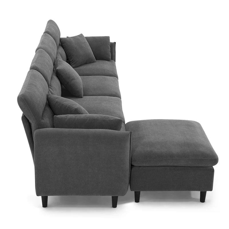 110 Canapé d'angle moderne en L convertible 5 places avec pouf amovible et 5 coussins, tissu chenille doux