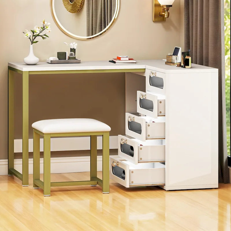 Ensemble de manucure en forme de L à 5 tiroirs avec tabouret rembourré et lumière LED