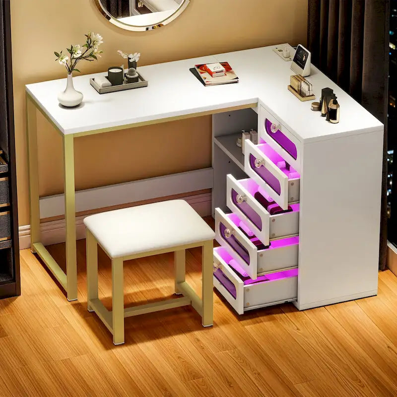 Ensemble de manucure en forme de L à 5 tiroirs avec tabouret rembourré et lumière LED