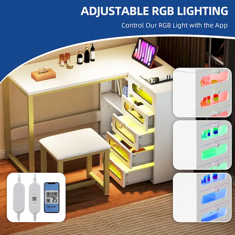 Ensemble de manucure en forme de L à 5 tiroirs avec tabouret rembourré et lumière LED