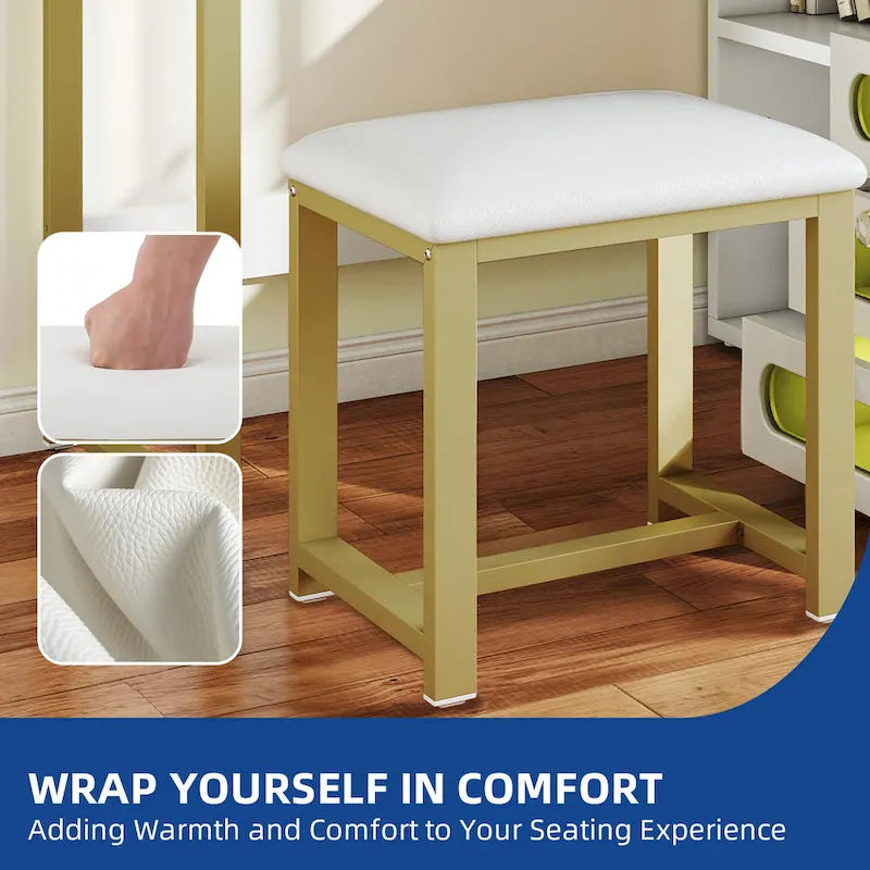 Ensemble de manucure en forme de L à 5 tiroirs avec tabouret rembourré et lumière LED