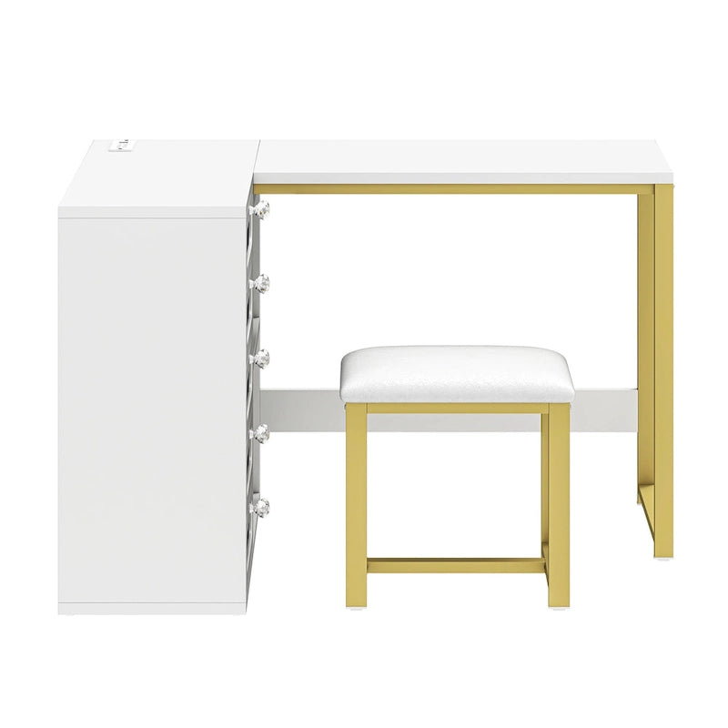 Ensemble de manucure en forme de L à 5 tiroirs avec tabouret rembourré et lumière LED