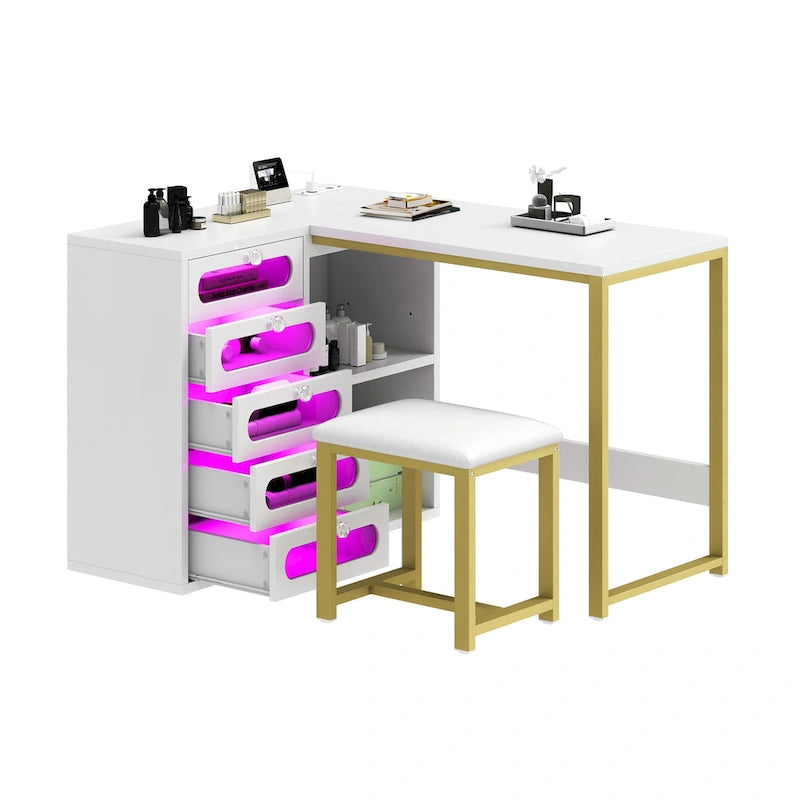 Ensemble de manucure en forme de L à 5 tiroirs avec tabouret rembourré et lumière LED
