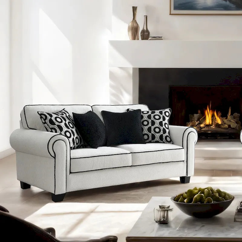 Causeuse moderne en chenille blanche avec coussins