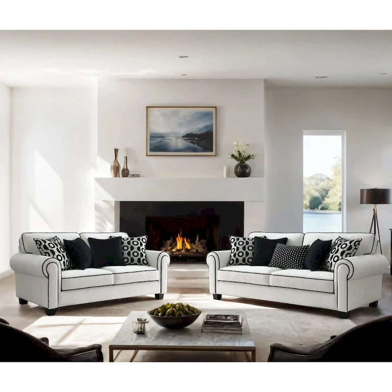 Causeuse moderne en chenille blanche avec coussins