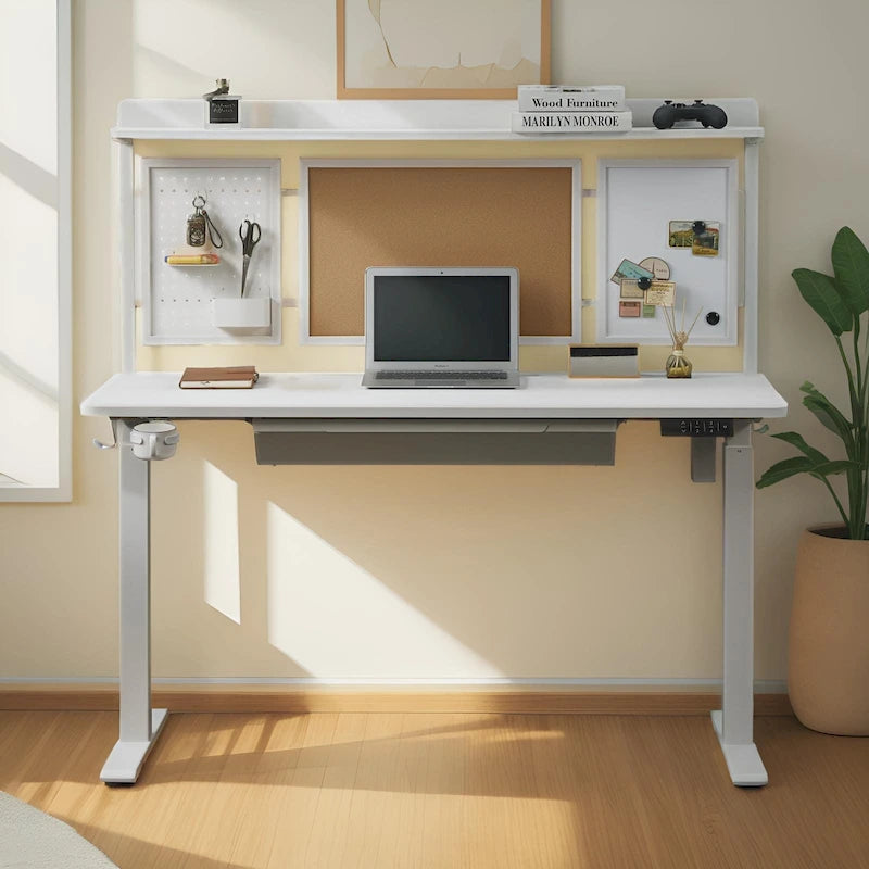 Bureau électrique blanc réglable en hauteur avec tiroir et fond de protection, poste de travail assis-debout pour bureau à domicile