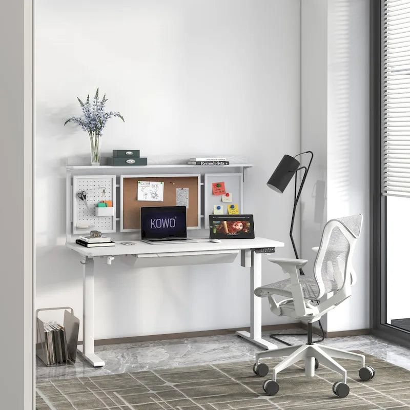 Bureau électrique blanc réglable en hauteur avec tiroir et fond de protection, poste de travail assis-debout pour bureau à domicile
