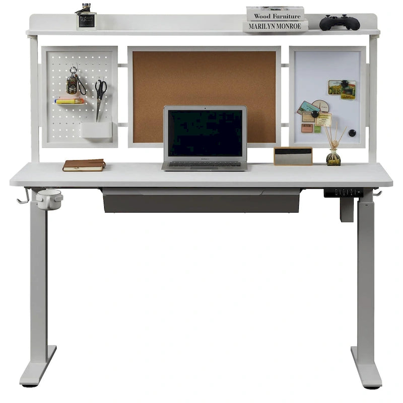 Bureau électrique blanc réglable en hauteur avec tiroir et fond de protection, poste de travail assis-debout pour bureau à domicile