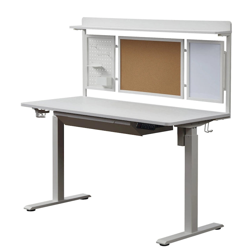 Bureau électrique blanc réglable en hauteur avec tiroir et fond de protection, poste de travail assis-debout pour bureau à domicile