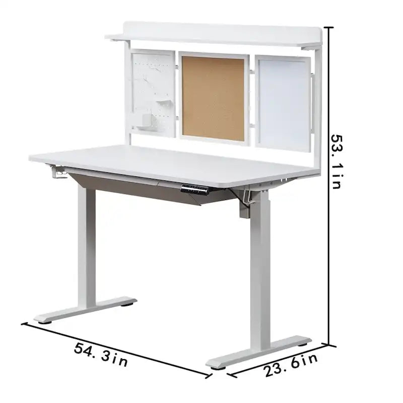 Bureau électrique blanc réglable en hauteur avec tiroir et fond de protection, poste de travail assis-debout pour bureau à domicile