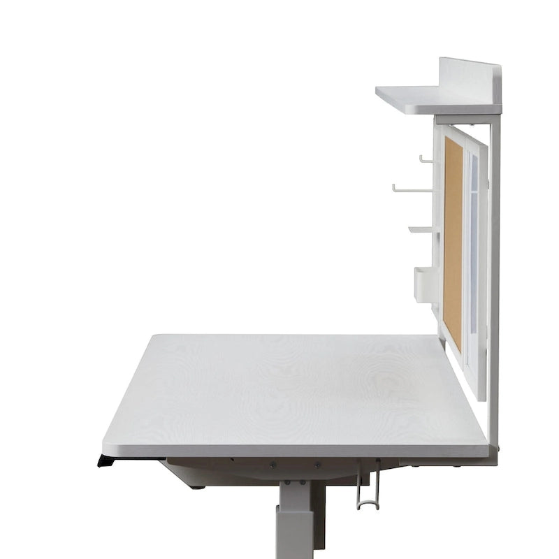 Bureau électrique blanc réglable en hauteur avec tiroir et fond de protection, poste de travail assis-debout pour bureau à domicile
