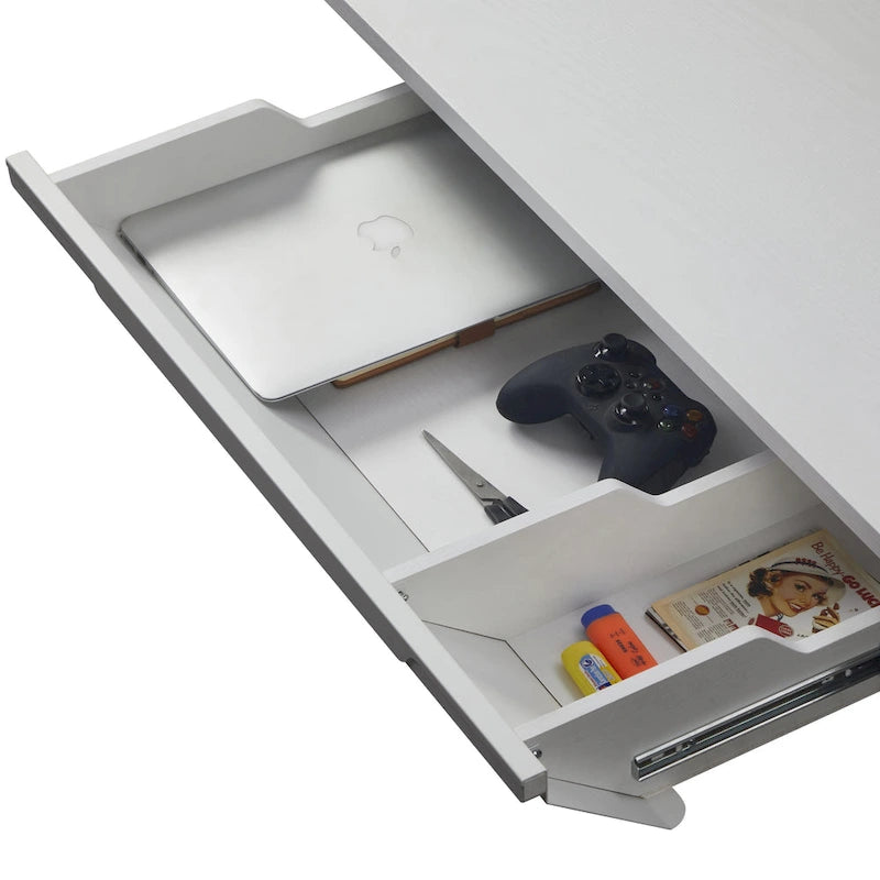 Bureau électrique blanc réglable en hauteur avec tiroir et fond de protection, poste de travail assis-debout pour bureau à domicile