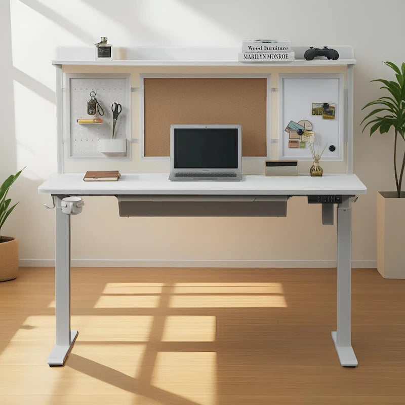 Bureau électrique blanc réglable en hauteur avec tiroir et fond de protection, poste de travail assis-debout pour bureau à domicile