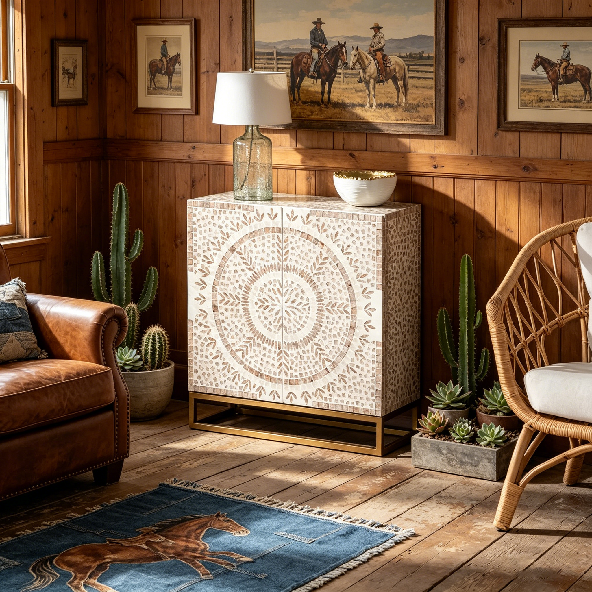 Armoire de rangement moderne bohème blanche et marron rustique en nacre