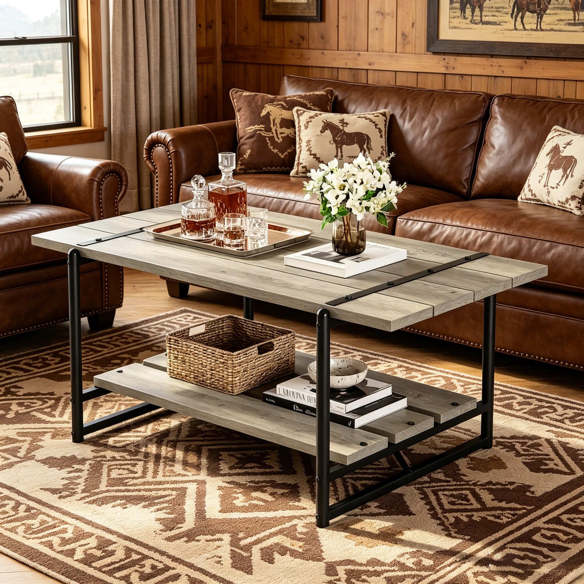 41 Grande table basse industrielle à 2 niveaux en bois avec étagère de rangement
