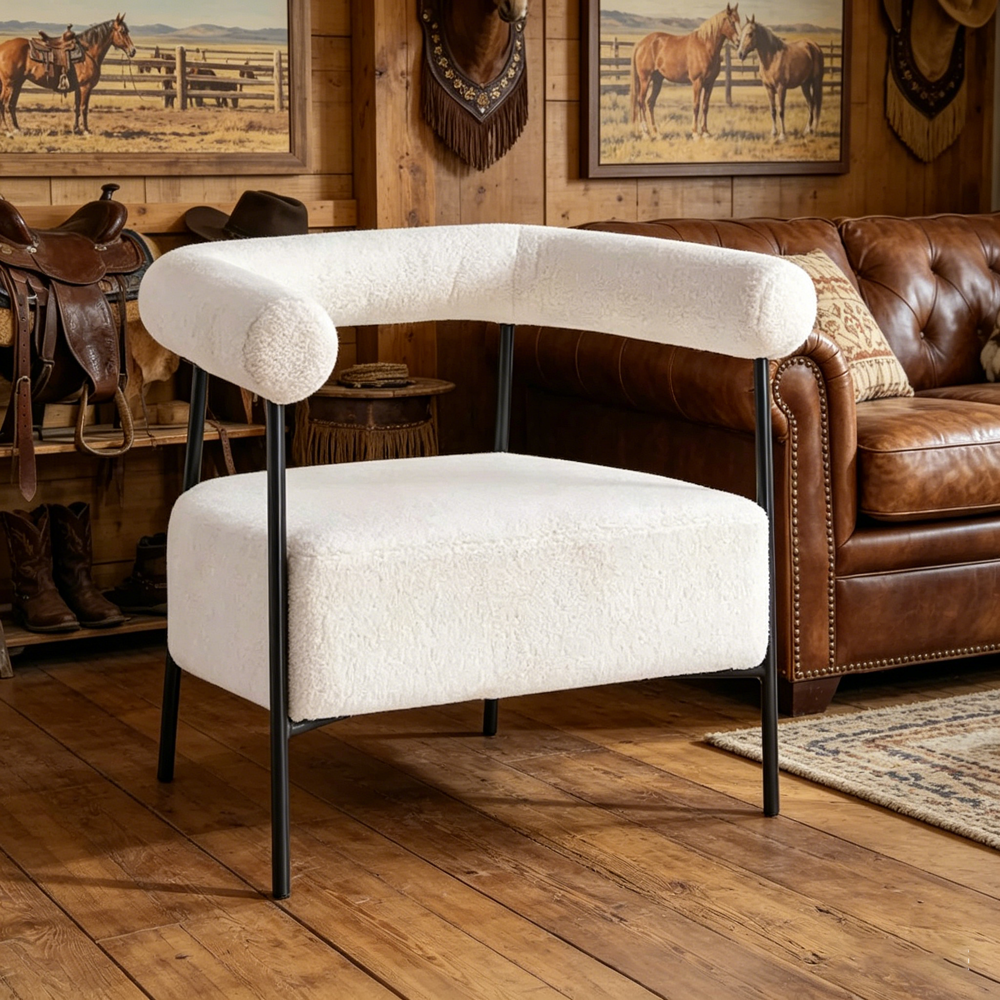 Fauteuil d'appoint moderne en tissu bouclé, fauteuil incurvé avec cadre en métal noir