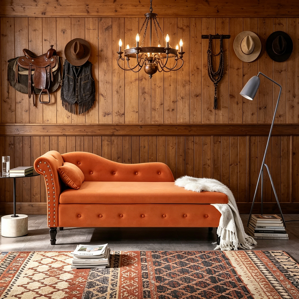 Méridienne Orange Moderne 60 en Velours Capitonnée avec Boutons, Pieds en Bois Massif et Rangement
