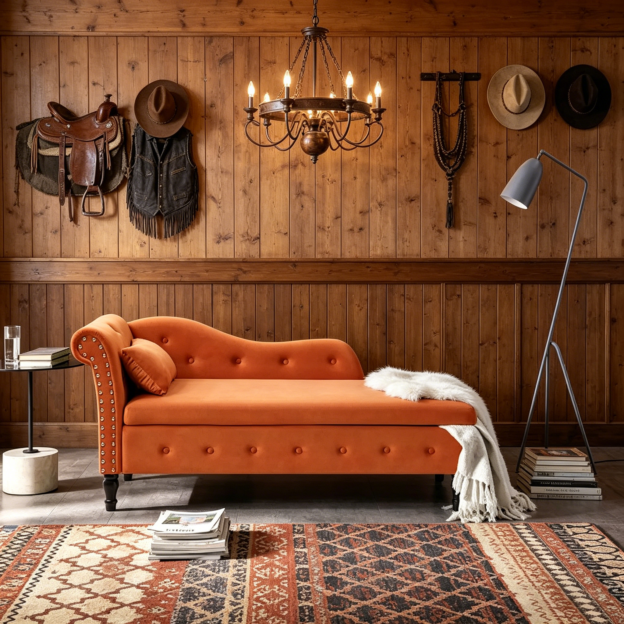 Méridienne Orange Moderne 60 en Velours Capitonnée avec Boutons, Pieds en Bois Massif et Rangement