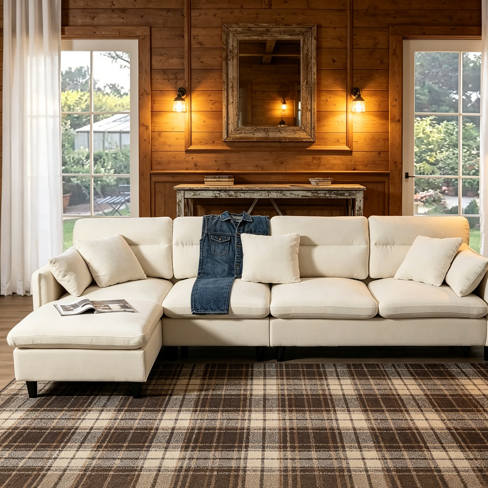 110 Canapé d'angle moderne en L convertible 5 places avec pouf amovible et 5 coussins, tissu chenille doux