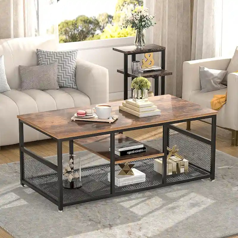 Table basse rectangulaire industrielle en bois avec étagère de rangement, table de thé/bureau à structure métallique pour la maison