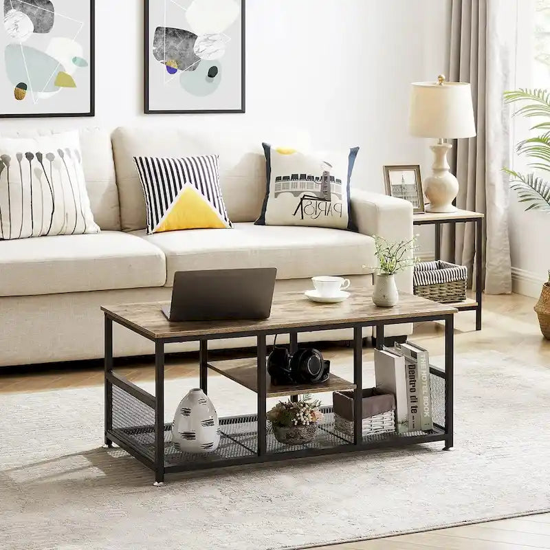 Table basse rectangulaire industrielle en bois avec étagère de rangement, table de thé/bureau à structure métallique pour la maison