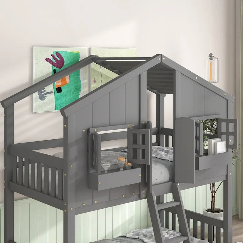 Lit superposé cabane jumeau sur jumeau avec toit, fenêtre, jardinière, porte, barrières de sécurité et échelle, gris