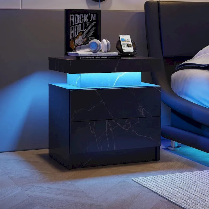 Table de chevet LED, moderne avec 2 tiroirs pour chambre à coucher