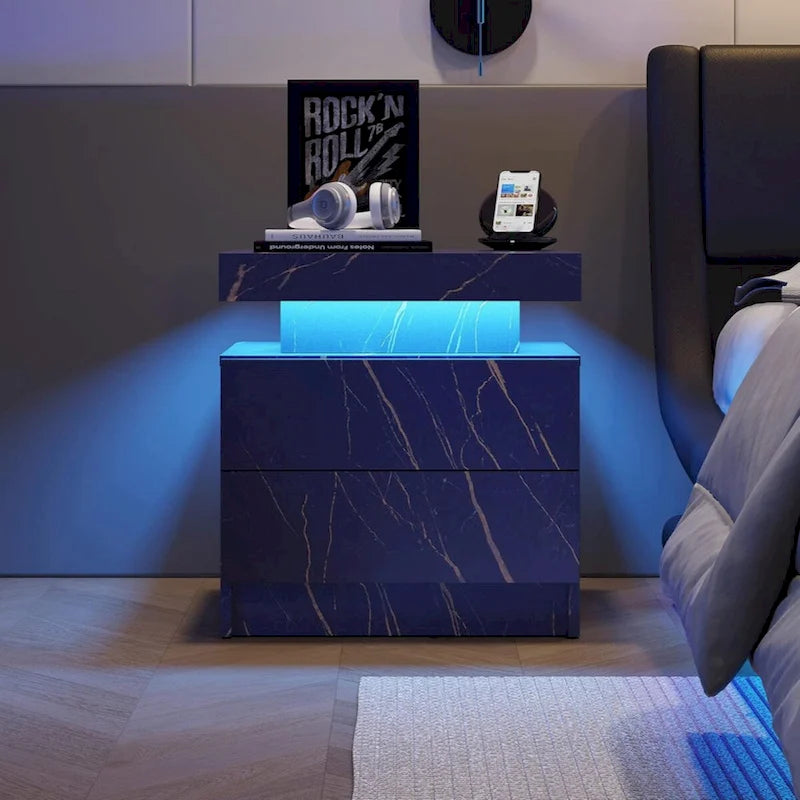 Table de chevet LED, moderne avec 2 tiroirs pour chambre à coucher
