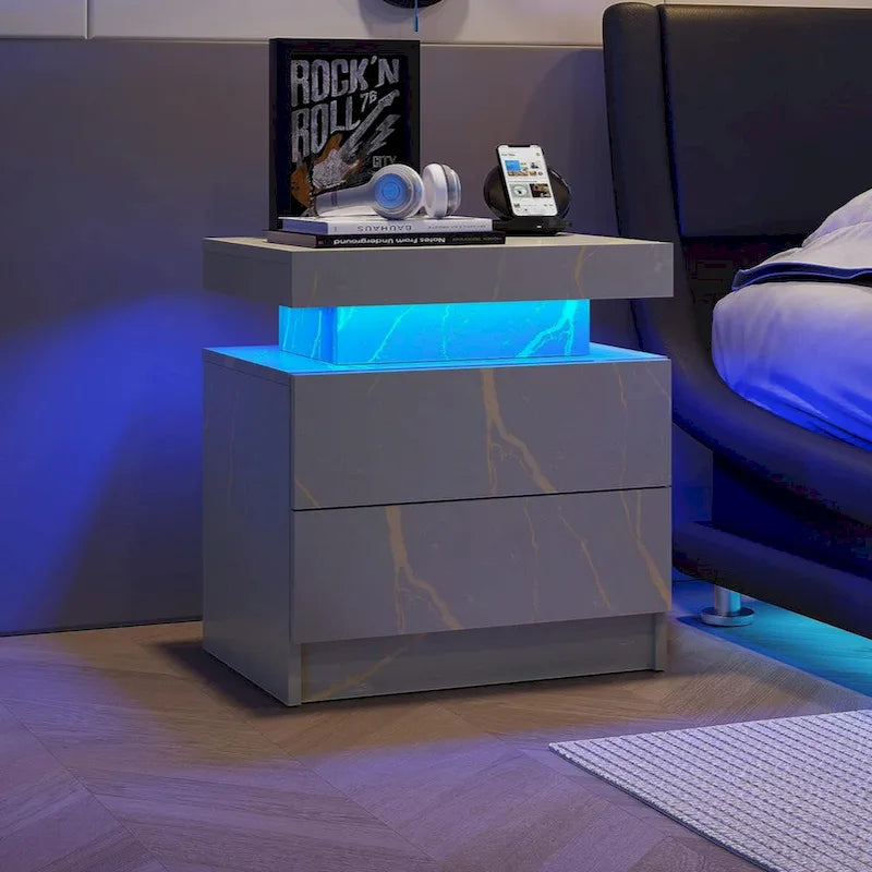 Table de chevet LED, moderne avec 2 tiroirs pour chambre à coucher