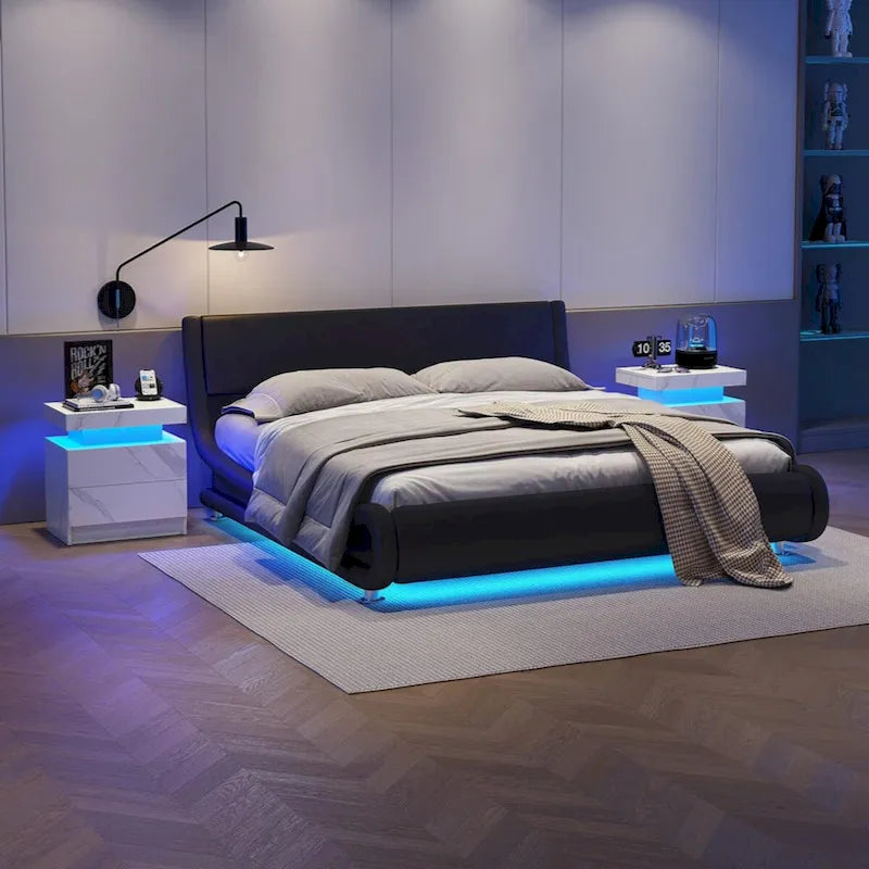 Table de chevet LED, moderne avec 2 tiroirs pour chambre à coucher