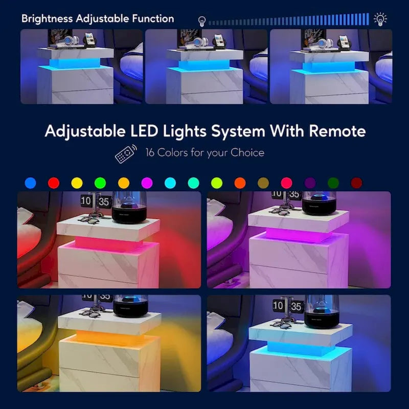 Table de chevet LED, moderne avec 2 tiroirs pour chambre à coucher