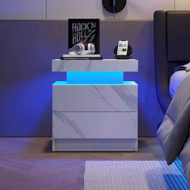 Table de chevet LED, moderne avec 2 tiroirs pour chambre à coucher