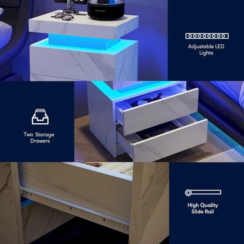 Table de chevet LED, moderne avec 2 tiroirs pour chambre à coucher