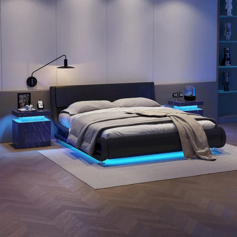 Table de chevet LED, moderne avec 2 tiroirs pour chambre à coucher