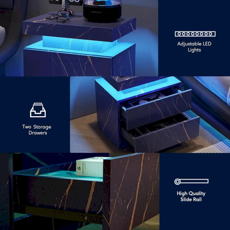 Table de chevet LED, moderne avec 2 tiroirs pour chambre à coucher