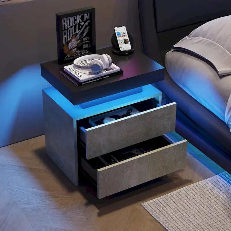 Table de chevet LED, moderne avec 2 tiroirs pour chambre à coucher