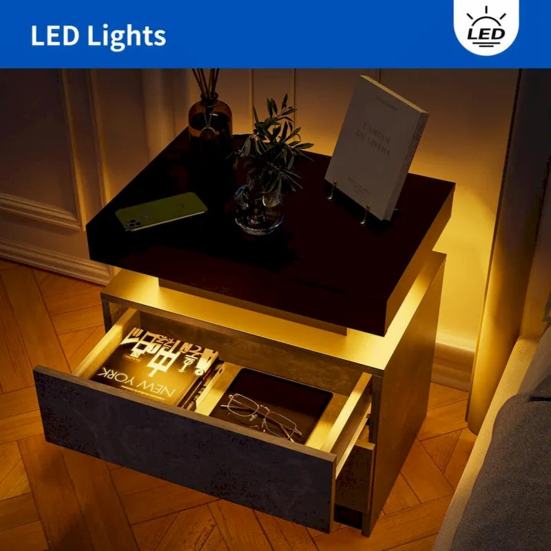 Table de chevet LED, moderne avec 2 tiroirs pour chambre à coucher