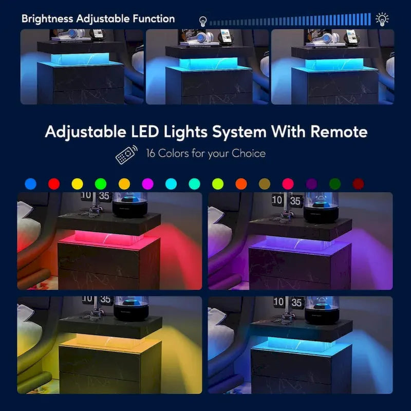 Table de chevet LED, moderne avec 2 tiroirs pour chambre à coucher