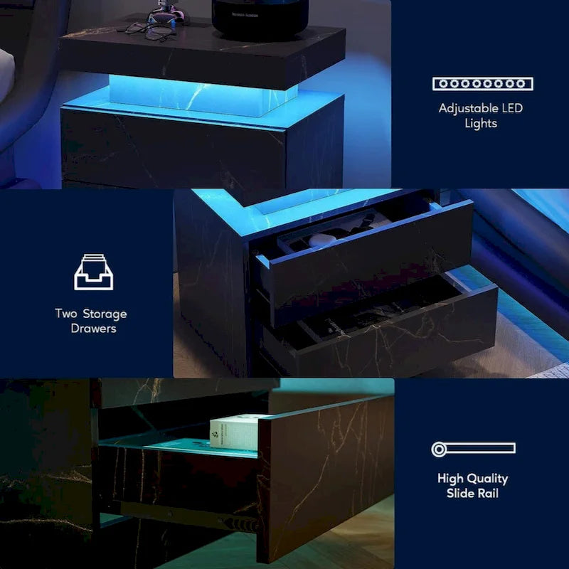 Table de chevet LED, moderne avec 2 tiroirs pour chambre à coucher