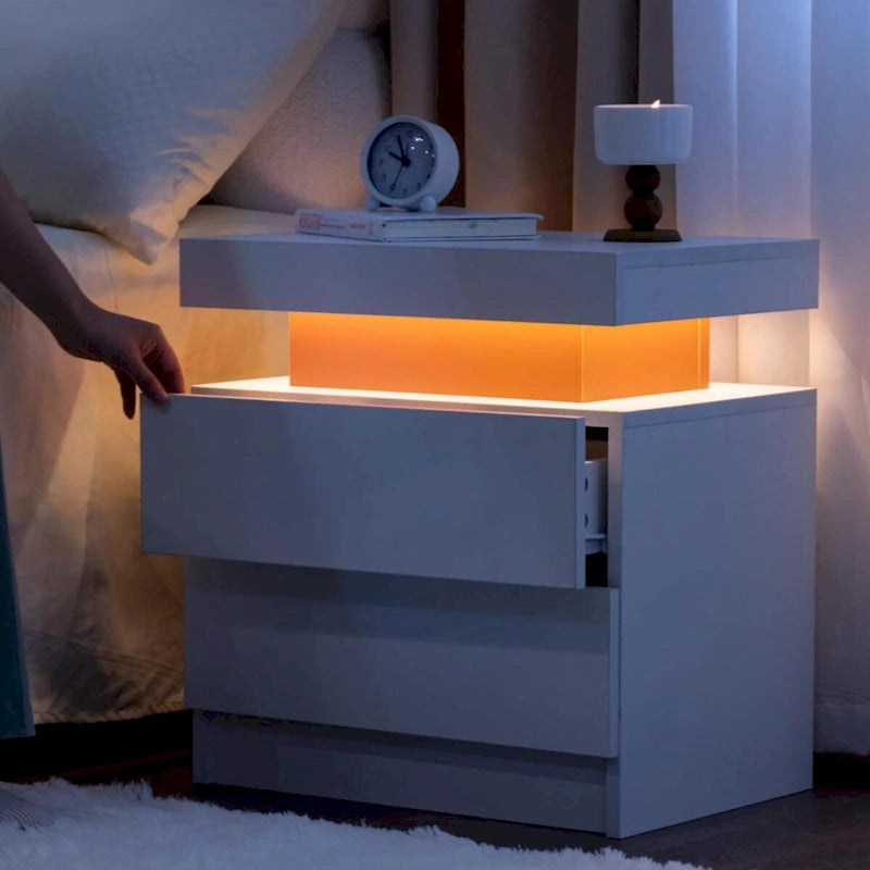 Table de chevet LED, moderne avec 2 tiroirs pour chambre à coucher