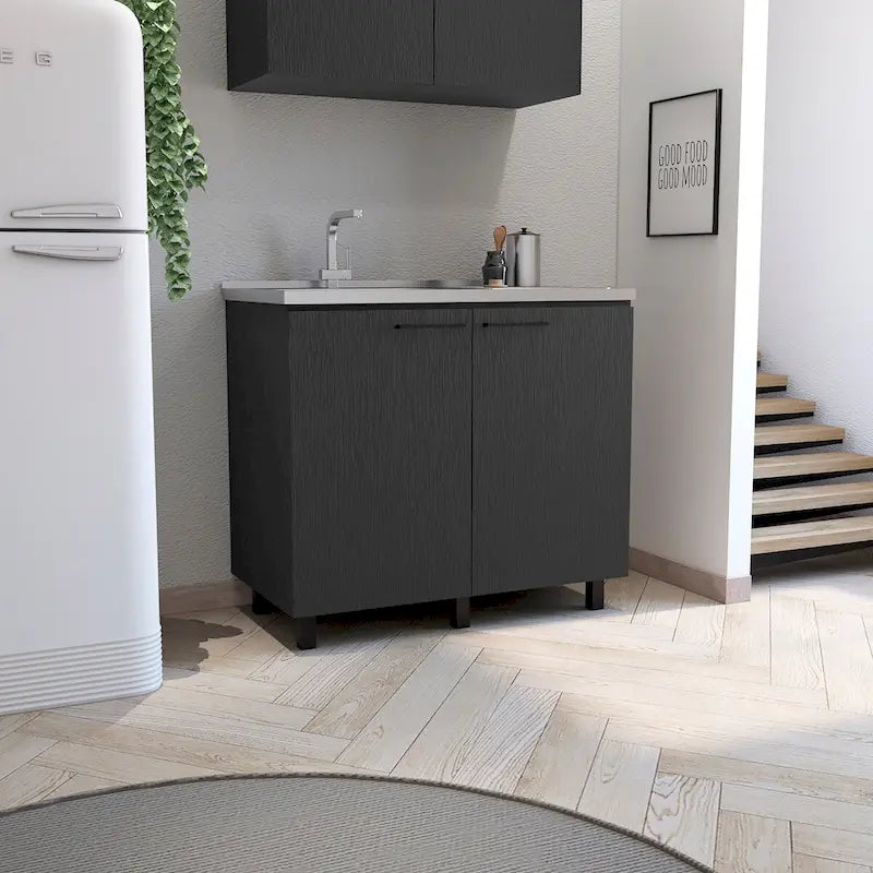 2 éviers de service avec meuble, plan de travail en acier inoxydable, étagère intérieure