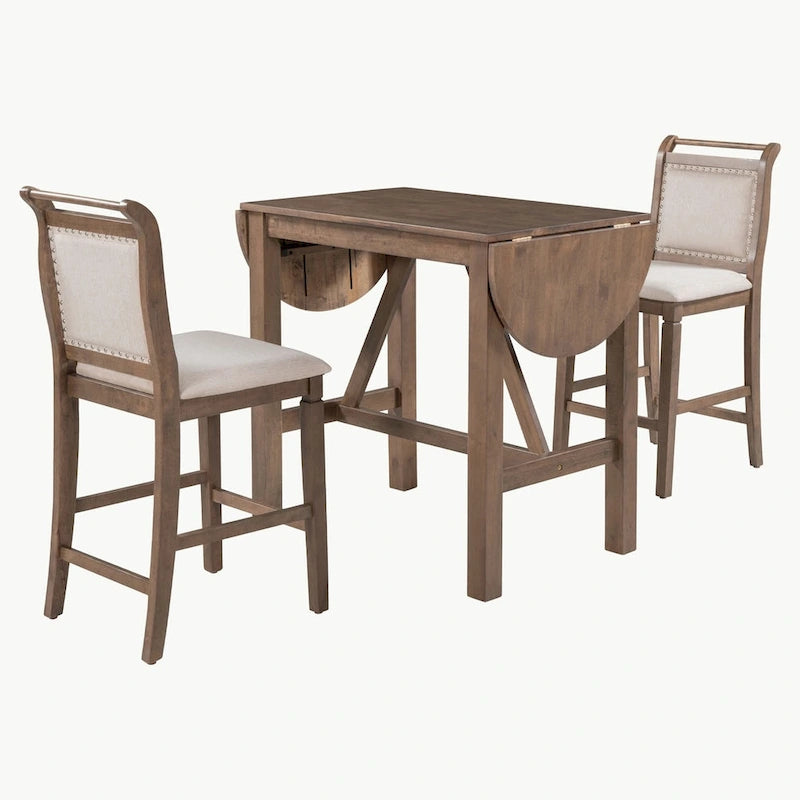Ensemble de salle à manger 3 pièces en bois à hauteur de comptoir avec rallonge pliable