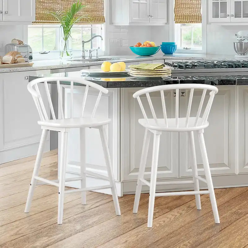 Lot de 2 tabourets de bar hauteur comptoir de 61 cm pour îlot de cuisine avec dossier en bois massif et à barreaux